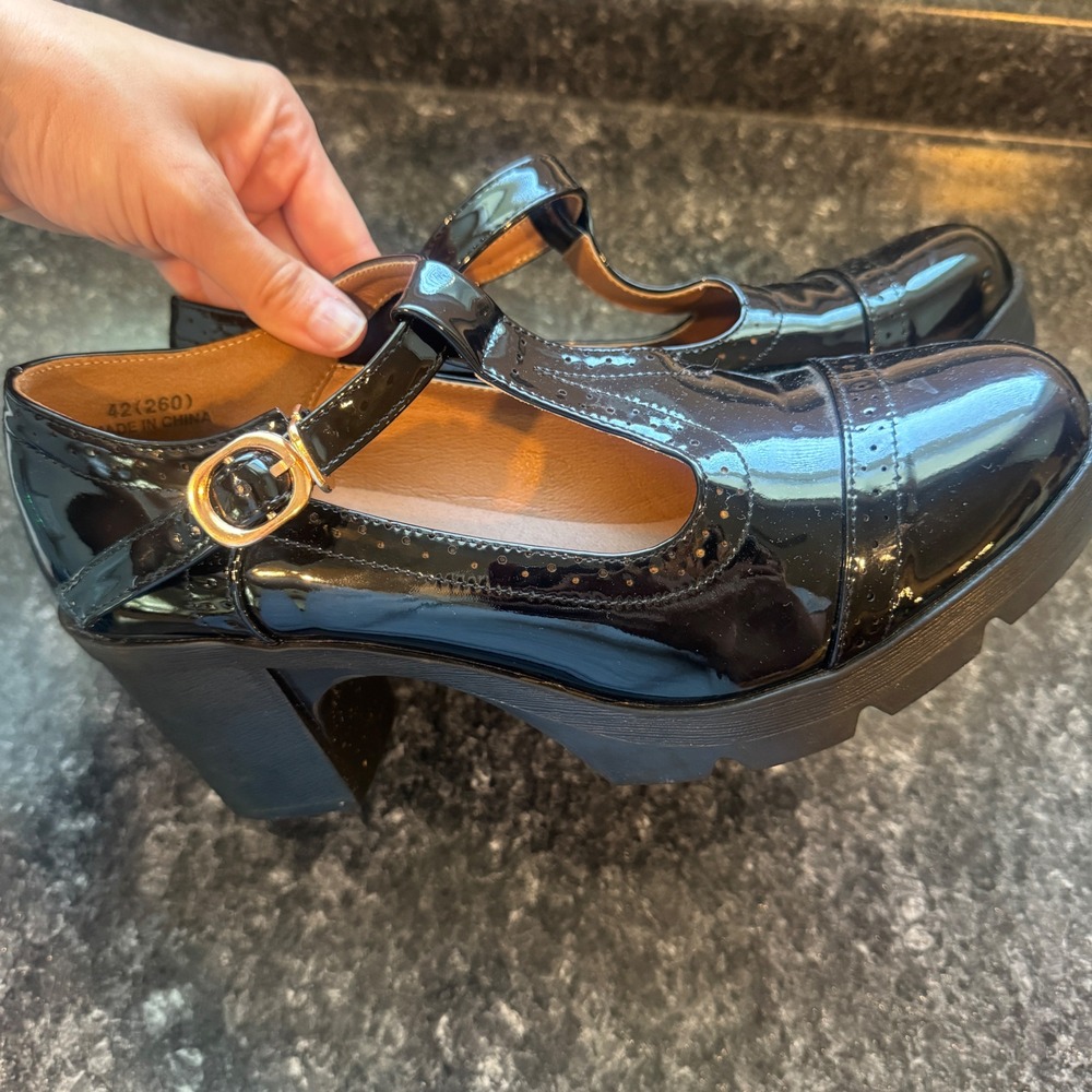 DADAWEN Black Patent T-Strap Mary Jane Platform Lug Sole Block Heel Brogue 42